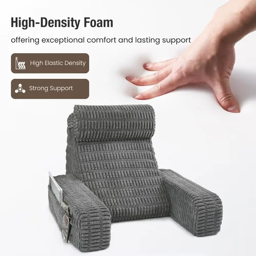 Vista 3 de Almohada de lectura de 19 pulgadas para cama con brazos integrados y bolsillos grandes, cojín de respaldo de apoyo para leer, descansar o Gris