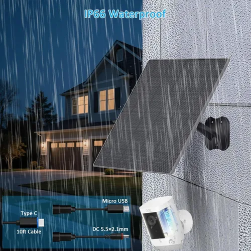 Vista 5 de Zivif Panel Solar USB C para Cámaras de Seguridad, Cargador Solar de 10W con Cable USB-C, DC 5.5x2.1mm y Puerto Micro USB, Resistente al Agua IP66