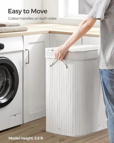 Vista 9 de SONGMICS Cesta de lavandería con tapa, cesta de lavandería de bambú, extraíble lavable a máquina, con asas, 26.4 galones, para lavandería, Blanco