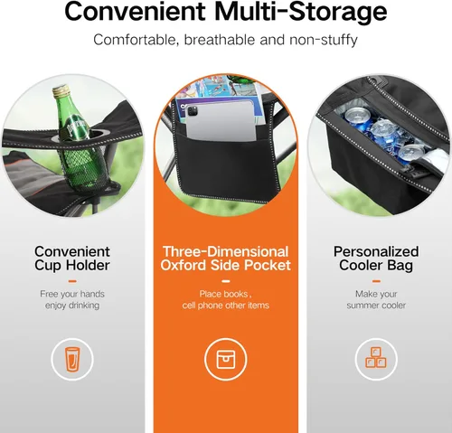 Vista 6 de ALPHA CAMP Silla de Camping Plegable de Gran Tamaño, Sillas de Césped Portátiles Resistentes con Bolsa Refrigeradora, Bolsillo Lateral y Portavasos