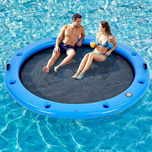Vista 17 de 6-12FT Round Inflatable Floating Dock, Sunchill Float Ring, Water Hammock Tanning Pool Floats with Woven Fabric, Manual Pump for Quick