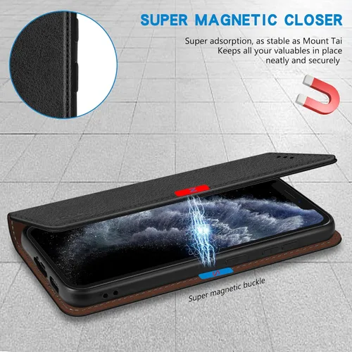 Vista 3 de ZZXX Funda tipo cartera para iPhone 11 Pro Max con bloqueo RFID, soporte de ranura para tarjetas, funda protectora de cuero magnético fuerte