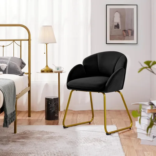 Vista 47 de Yaheetech Sillón moderno de piel sintética, silla de maquillaje en forma de flor con patas de metal dorado para sala de estar, sala de maquillaje