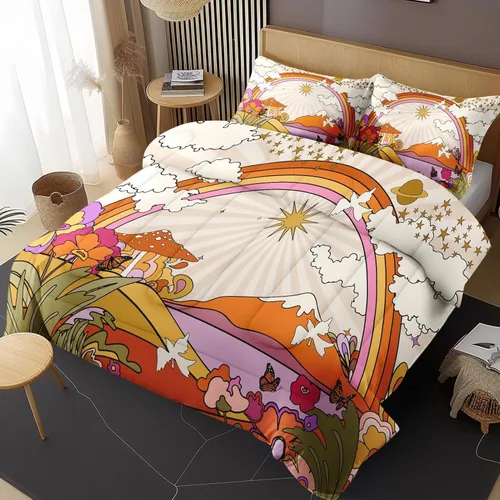 Vista 2 de Juego de edredón con 2 fundas de almohada, tamaño matrimonial, diseño retro hippie de flores, sol, arcoíris, decoración de ropa de cama de los años