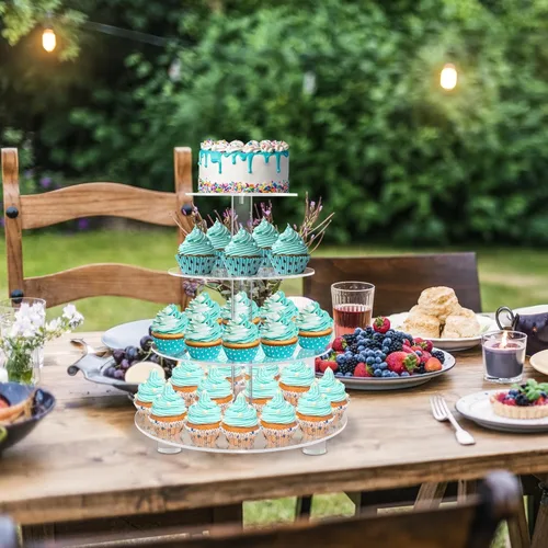 Vista 3 de YestBuy Soporte redondo de acrílico para cupcakes de 4 niveles con base, soporte premium para cupcakes, torre de exhibición de cupcakes de acrílico