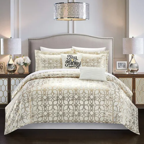 Chic Home Shefield Geometric Gold Tone Metallic Lattice Pattern Print Bedding-Decorative Pillows Shams Included, Twin, Beige