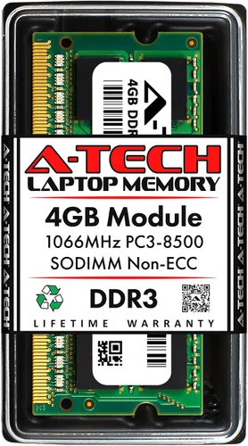 Vista 32 de A-Tech - Módulo de memoria RAM SODIMM para portátil de 1 GB DDR3 1066 MHz PC3-8500 CL7, 1,5 V, 204 pines, sin ECC, SO-DIMM para portátiles