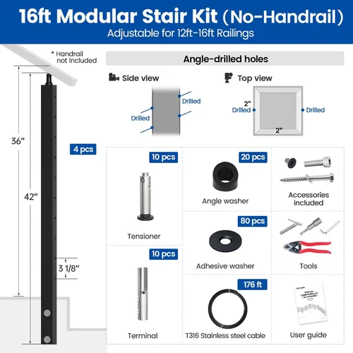 Vista 3 de Muzata Kit de barandilla de cable modular negro de 4 a 8 pies, kit de poste de 2 niveles de 36 pulgadas, sistema completo de barandilla de cable