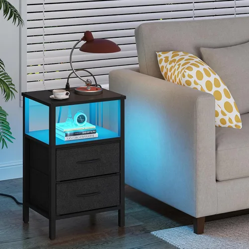 Vista 2 de TUTOTAK Mesa auxiliar LED con estación de carga, mesita de noche con cajón de tela, mesa auxiliar con tomacorriente, juego de 2, mesa de sofá, negro