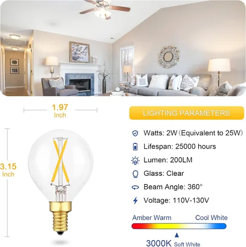 Vista 3 de Bombilla LED vintage E12 para ventilador de techo regulable, bombilla LED G16.5 de globo de 2 W, equivalente a bombilla incandescente de 25 vatios