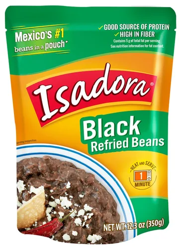 Isadora Frijoles refritos negros de 12.3 onzas (paquete de 1), deliciosos frijoles pintos refritos, alimentos preparados para microondas, proteína a