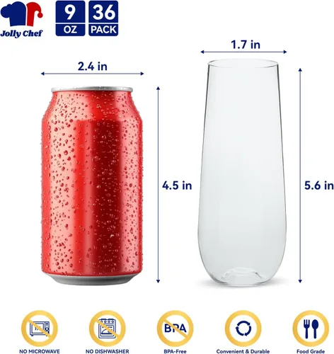 Vista 2 de JOLLY CHEF Paquete de 36 copas de champán de plástico sin tallo de 9 onzas, copas de champán de plástico transparentes sin tallo, cristalinas