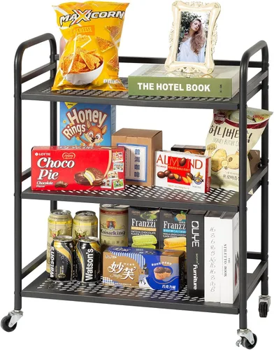 Vista 17 de HDANI Carrito de metal multiusos de 3 niveles, carrito resistente de gran capacidad con ruedas bloqueables con 2 ruedas bloqueables para el hogar