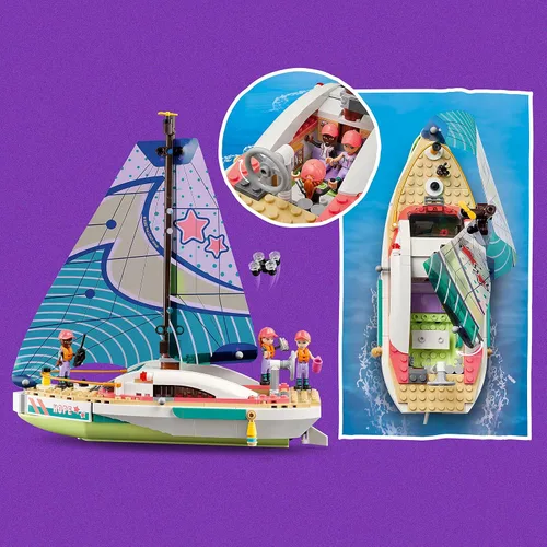 Vista 4 de LEGO Friends Stephanie's Sailing Adventure 41716 - Juego de barco de juguete de construcción de velero con isla, dron y 3 mini figuras, regalo