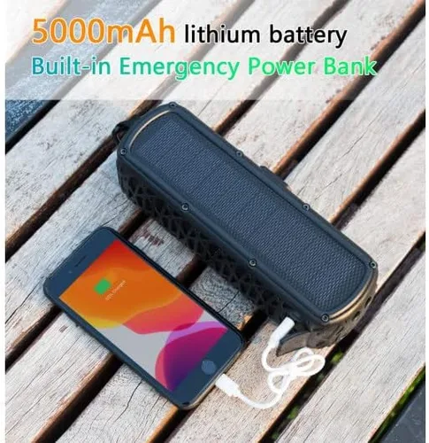 Vista 4 de Altavoz solar Bluetooth de 60 horas de tiempo de reproducción, 5000 mAh, banco de energía al aire libre, portátil, inalámbrico, altavoz dual