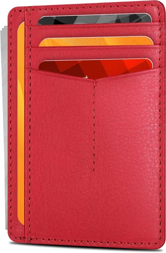 Vista 8 de Cartera de cuero Oak Leathers delgada y minimalista con bloqueo RFID para hombres y mujeres con bolsillo frontal, Coñac, Pequeña