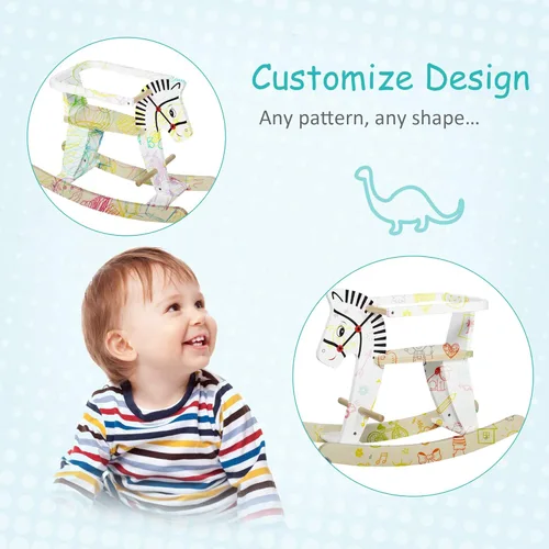 Vista 3 de Qaba Caballo mecedor de madera para niños de 1 a 3 años con diseño clásico y barra de seguridad de madera, color blanco