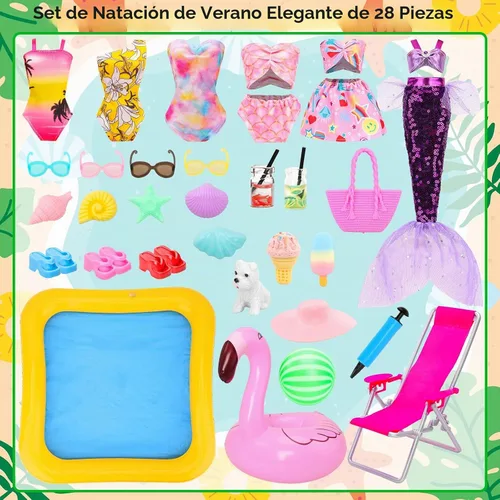 Vista 8 de Juego de 40 accesorios de muñeca de baño y piscina de verano para muñecas