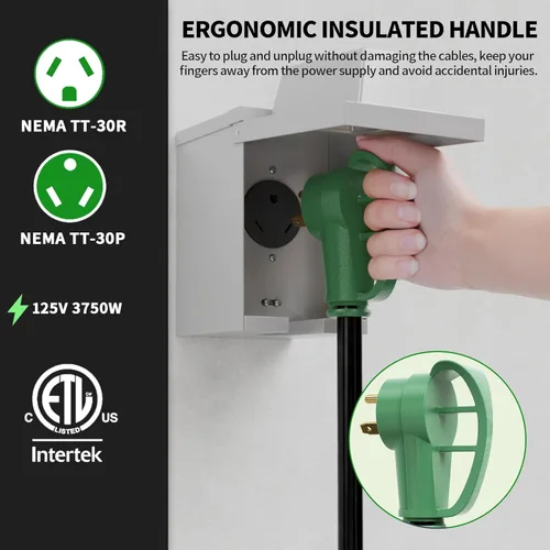 Vista 2 de POWGRN Cable de extensión RV de 30 amperios de 15 pies para exteriores con mango de agarre, cable de alimentación flexible y resistente calibre 10/3