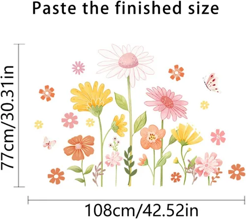 Vista 7 de Calcomanías de pared de flores bohemias, calcomanías de pared de margaritas y mariposas, PVC impermeable, autoadhesivas, arte floral, retro, se