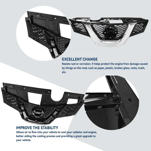 Vista 4 de Parachoques delantero negro rejilla ajuste 2014 2015 2016 para N-issan Rogue compatible con malla frontal de aire parrilla de repuesto con detalles