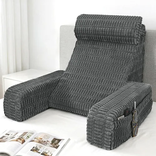 Vista 12 de Almohada de lectura de 19 pulgadas para cama con brazos integrados y bolsillos grandes, cojín de respaldo de apoyo para leer, descansar o Gris
