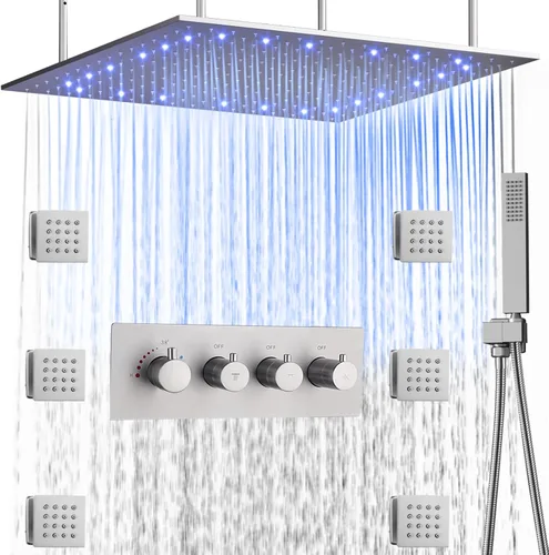 Vista 24 de Cabezal de ducha de lluvia de techo LED redondo de oro cepillado de 10 pulgadas, DULABRAHE termostático para baño, sistema de ducha de lluvia de Oro