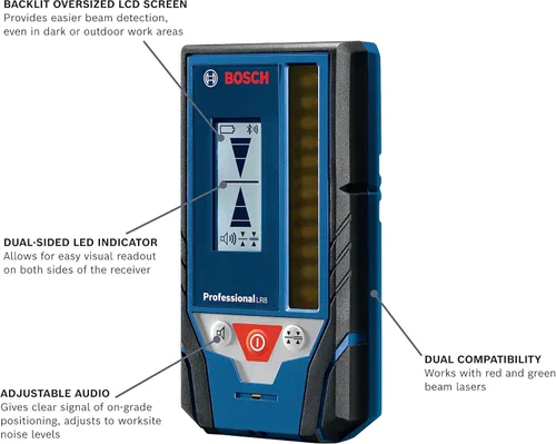 Vista 2 de BOSCH LR8 Receptor láser de línea de haz rojo y verde de 165 pies, incluye soporte de montaje, 2 pilas AA y bolsa para cinturón