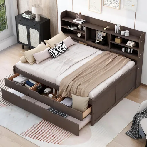 Vista 46 de Quarte Elegante cama de plataforma con estanterías en forma de L, cama de plataforma de madera tamaño individual con 2 cajones de almacenamiento