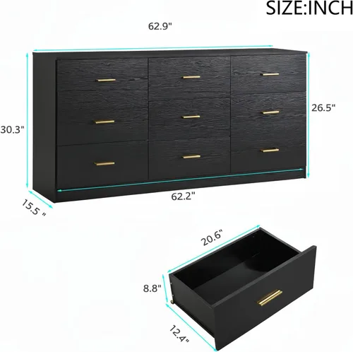 Vista 27 de Spaco Cómoda negra de 6 cajones con mango dorado, cómoda moderna de 6 cajones profundos para dormitorio, cómoda de almacenamiento para armario, sala