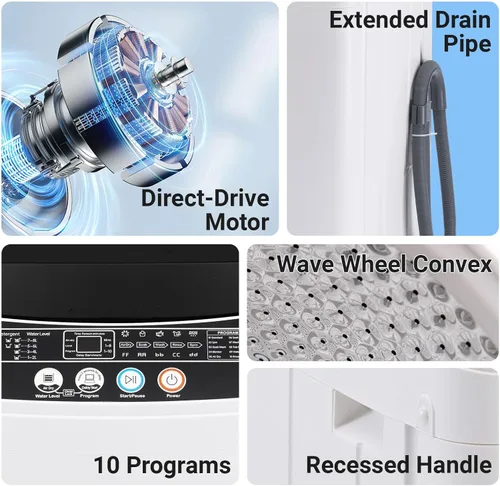 Vista 7 de Lavadora portátil de 15 libras, lavadora y secadora automática completa de 1.9 pies cúbicos con 8 programas de lavado, lavadora compacta