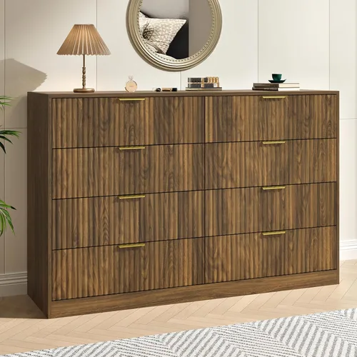 Vista 14 de Cómoda negra con 6 cajones profundos, cómoda acanalada de 55" de ancho para dormitorio con tirador dorado, cómoda moderna para armario, dormitorio