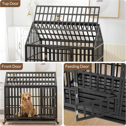 Vista 6 de Rovibek Jaula de 48 pulgadas para perros grandes, jaulas indestructibles para perros con 2 bandejas extraíbles, jaula para perros de alta ansiedad