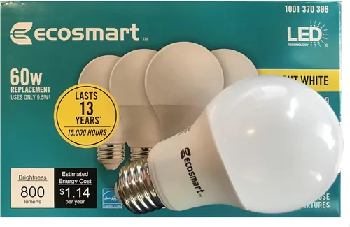 LED TECHNOLOGY EcoSmart - Bombilla LED Energy Star de 60 vatios equivalente a A19, regulable, color blanco brillante (paquete de 4)