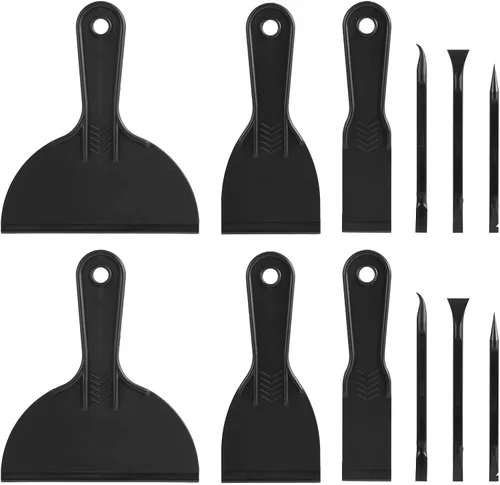Juego de cuchillos de masilla de plástico de 12 piezas, herramienta de espiga, incluye 6 raspadores de masilla flexibles negros y 6 raspadores de