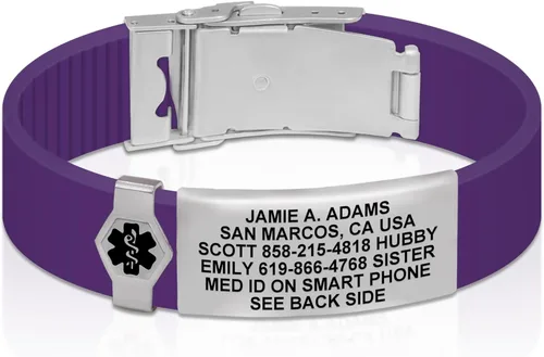 Vista 44 de Divoti Pulsera de identificación de alerta médica grabada personalizada, grabado láser de doble cara (hasta 9 líneas), pulsera de silicona ajustable