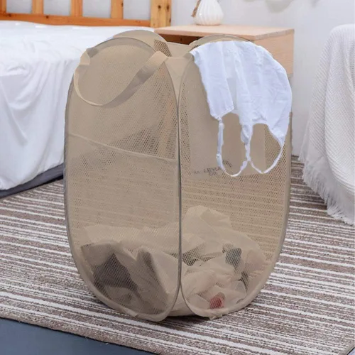 Vista 8 de Cesta plegable de malla para la ropa sucia, cesta de ropa plegable para el hogar, apartamento, dormitorio universitario o viajes, plegable para Beige