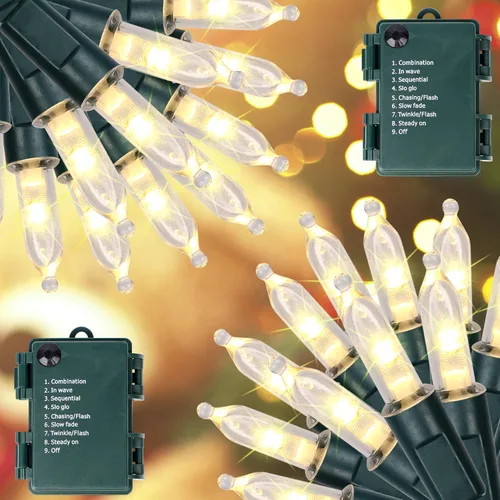 Vista 8 de Blissun Luces de Navidad, juego de 50 luces de alambre verde, mini cadena de luces de Navidad a pilas con 8 modos, luces de hadas de 16 pies