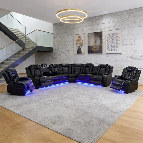 Vista 26 de Juego de sofá modular reclinable eléctrico para sala de estar, juego de sofá reclinable de cuero con luces LED / almacenamiento oculto, sofá