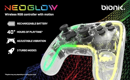 Vista 2 de Bionik NeoGlow Wireless RGB Gaming Controller with Motion for Nintendo Switch, 900 mAh Rechargeable Battery, Turbo ModeGyroscopeTransparent