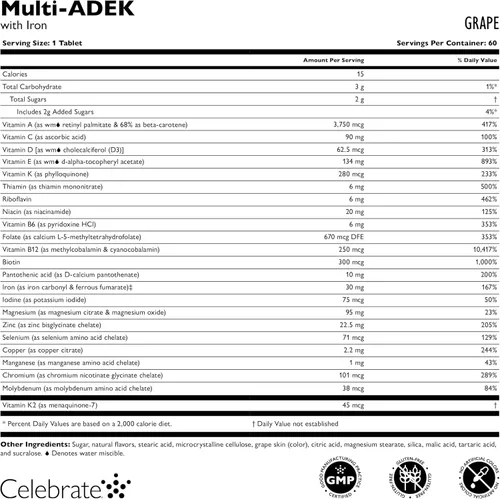Vista 5 de Celebrate Vitamins Multi ADEK Masticables, 60 mg de hierro, multivitamínico bariátrico diario, vitaminas A, D, E, K y B12 para pacientes con cirugía