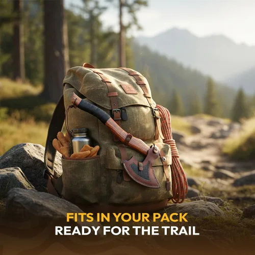 Vista 6 de Dessi Hacha Viking Hacha de Damasco de acero con funda de cuero, hacha de campamento forjada a mano, mango de madera de nogal, grabado de tigre