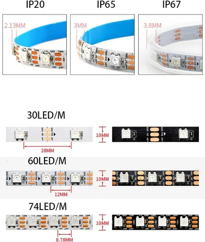 WS2812B WS2812 - Tira LED de píxeles direccionables de forma individual, flexible, digital, tira de LED RGB 30/60/74/96/144Pixel/Leds/M cinta de luz