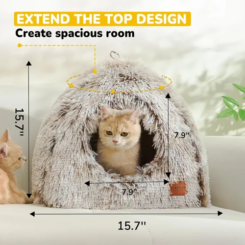 Vista 3 de CATISM Cama para gatos, cueva para gatos de interior, cúpula suave para gatos, autocalentable 2 en 1, casa plegable para gatos con almohada