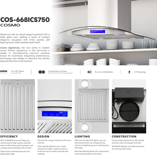 Vista 3 de COSMO COS-668ICS750 30 pulgadas Lumin Collection 380 CFM Campana extractora para isla con conductos, controles de toque suave, luces LED, acero