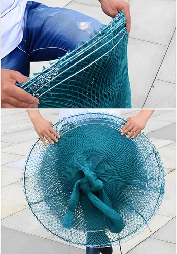 Vista 3 de EEL Fishing Net Mesh Trap 8m/10m Trailing Folding Crab Cage with Iron Chain Bobber for River Block Fishing