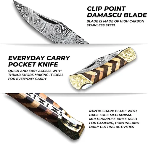 Vista 4 de Cuchillo de bolsillo de Damasco hecho a mano con funda, cuchillo de caza plegable de 7 pulgadas con mango de madera, pequeño cuchillo de campamento