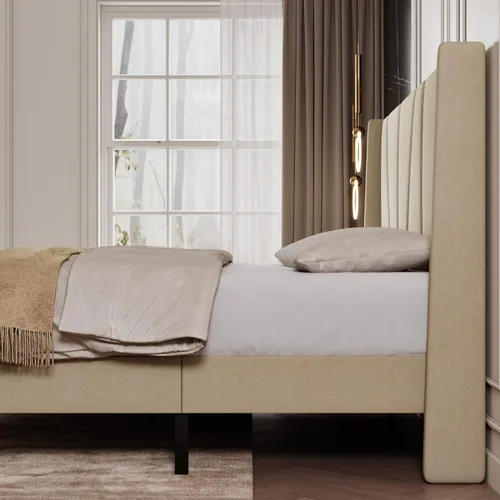 Vista 5 de SHA CERLIN Base de cama de tamaño matrimonial con cabecera geométrica con respaldo de ala, plataforma tapizada con soporte de listones de madera