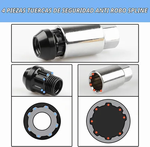 Vista 6 de 24 Piezas Picos Antirrobo Extendidos Sintonizador Rueda/Llantas Tuerca de Orejeta M14X1.5+Llave de Vaso (Negro)