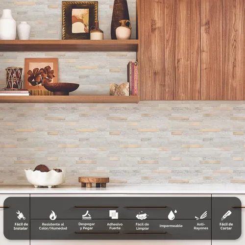 Vista 3 de STICKGOO Azulejo de protección contra salpicaduras para despegar y pegar, para cocina y baño, aspecto de madera negra y gris, PVC, mezcla de metal